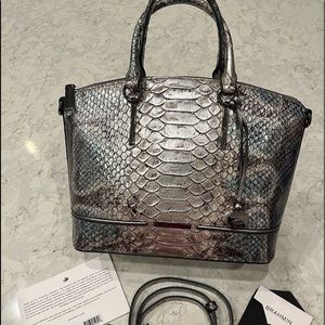 NWT Brahmin Duxbury Satchel in Platinum Folkland Genuine Leather.